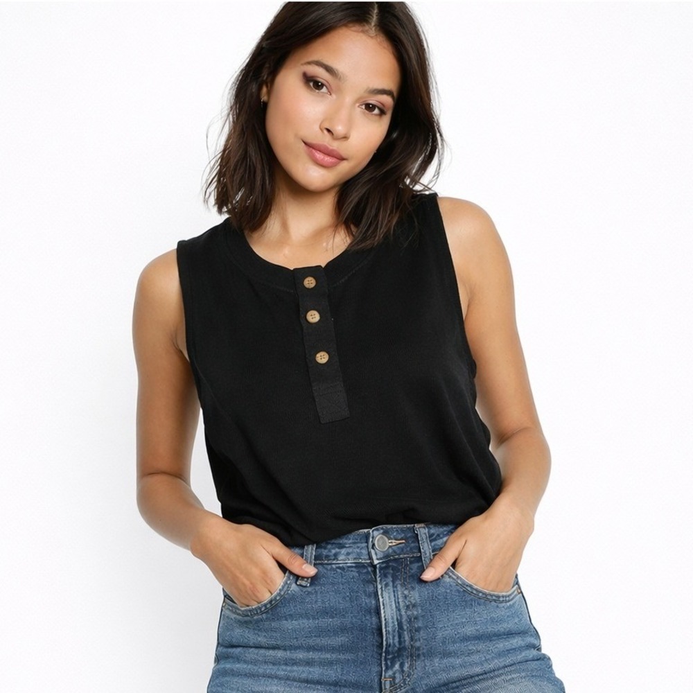 Free People Peek Aye Bodysuit Black Sleeveless 100% Cotton Henley Minimalist XS